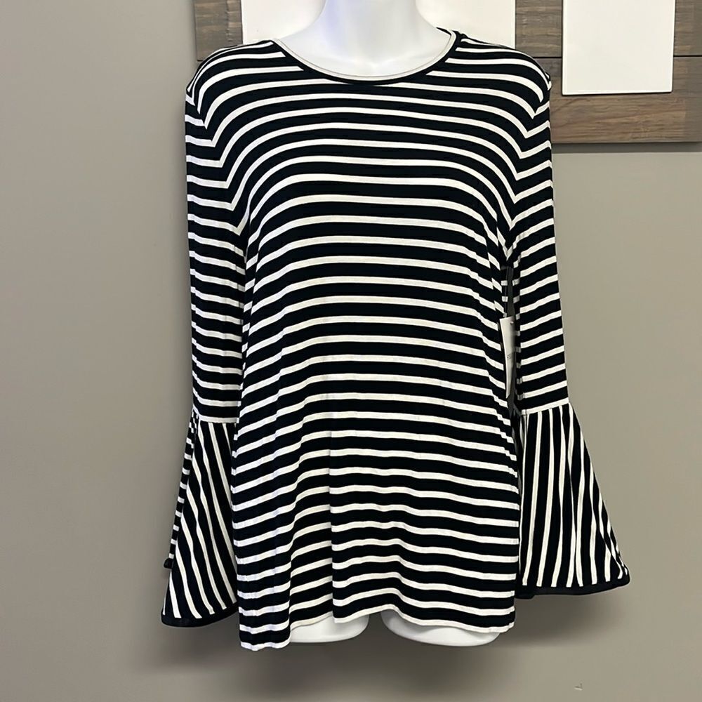 Maette by Stella & Dot Black White Striped Pullover Long Bell Sleeves- Medium